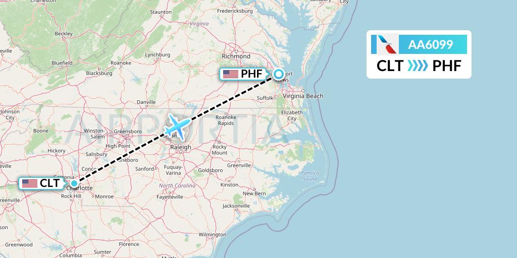AA6099 American Airlines Flight Map: Charlotte to Newport News