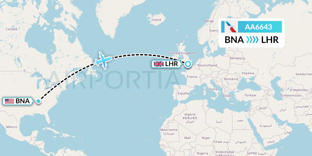 AA6643 American Airlines Flight Map: Nashville to London