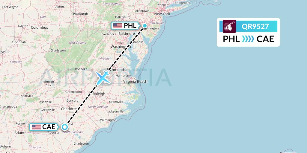 QR9527 Qatar Airways Flight Map: Philadelphia to Columbia