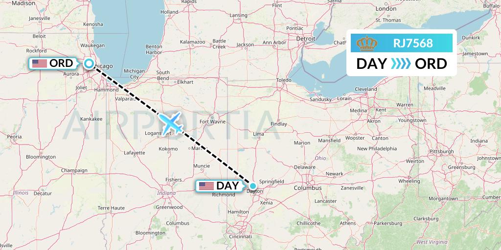 RJ7568 Royal Jordanian Flight Map: Dayton to Chicago