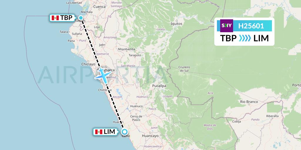 H25601 Sky Airline Flight Map: Tumbes to Lima