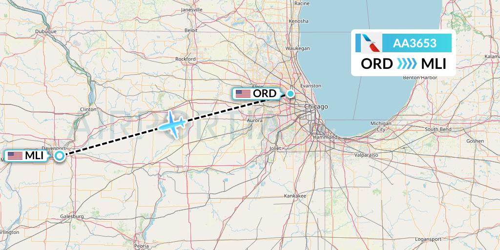 AA3653 American Airlines Flight Map: Chicago to Moline