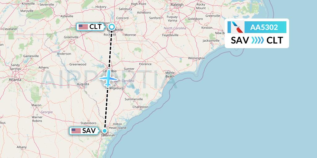 AA5302 American Airlines Flight Map: Savannah to Charlotte