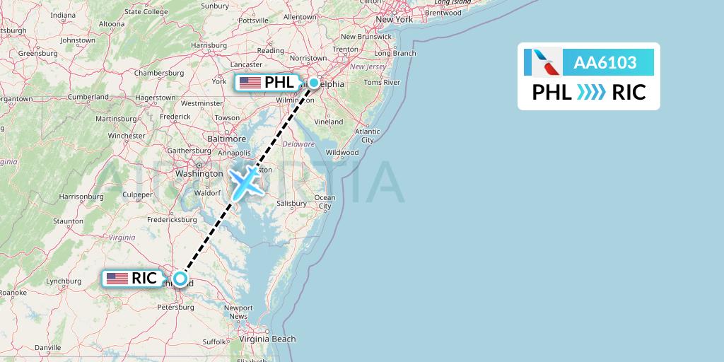 AA6103 American Airlines Flight Map: Philadelphia to Richmond