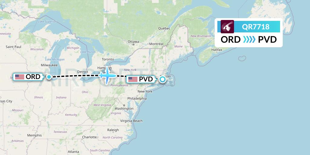 QR7718 Qatar Airways Flight Map: Chicago to Providence