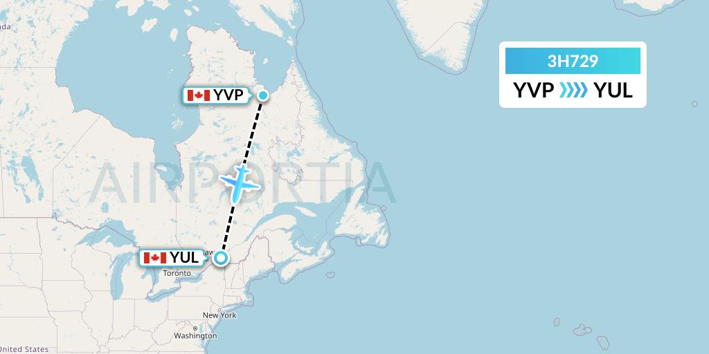 3H729 Air Inuit Flight Map: Kuujjuaq to Montreal