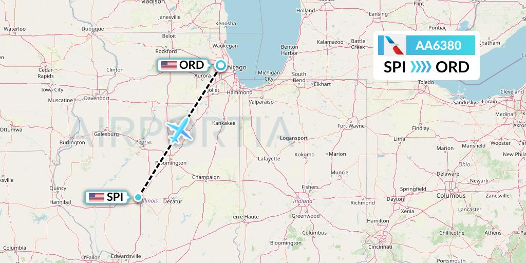 AA6380 American Airlines Flight Map: Springfield to Chicago