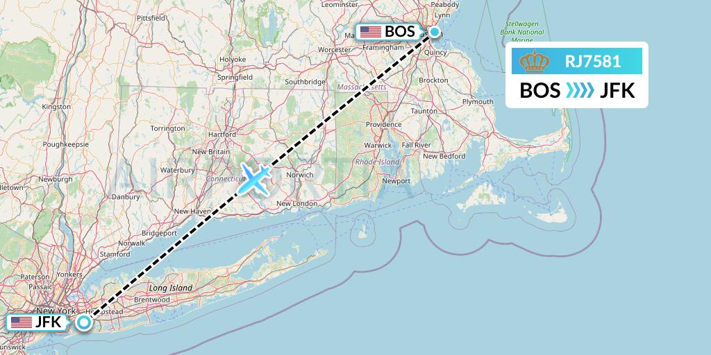 RJ7581 Royal Jordanian Flight Map: Boston to New York