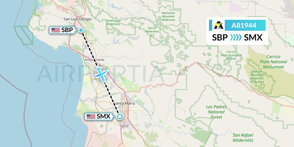 A81944 Aerolink Uganda Flight Map: San Luis Obispo to Santa Maria