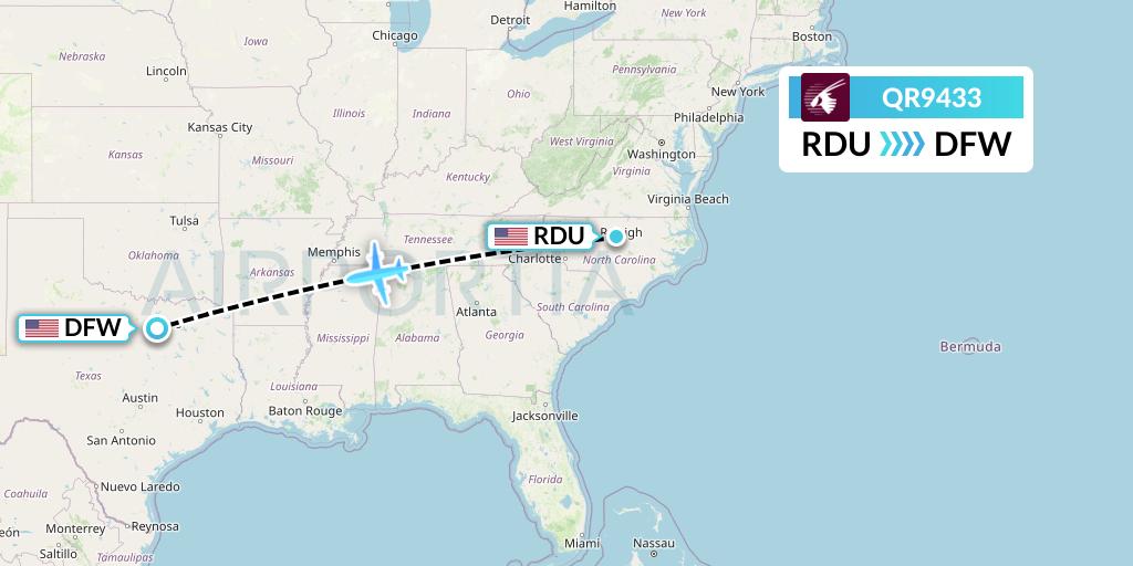 QR9433 Qatar Airways Flight Map: Raleigh-Durham to Dallas
