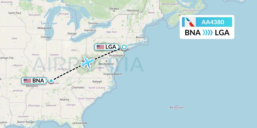 AA4380 American Airlines Flight Map: Nashville to New York