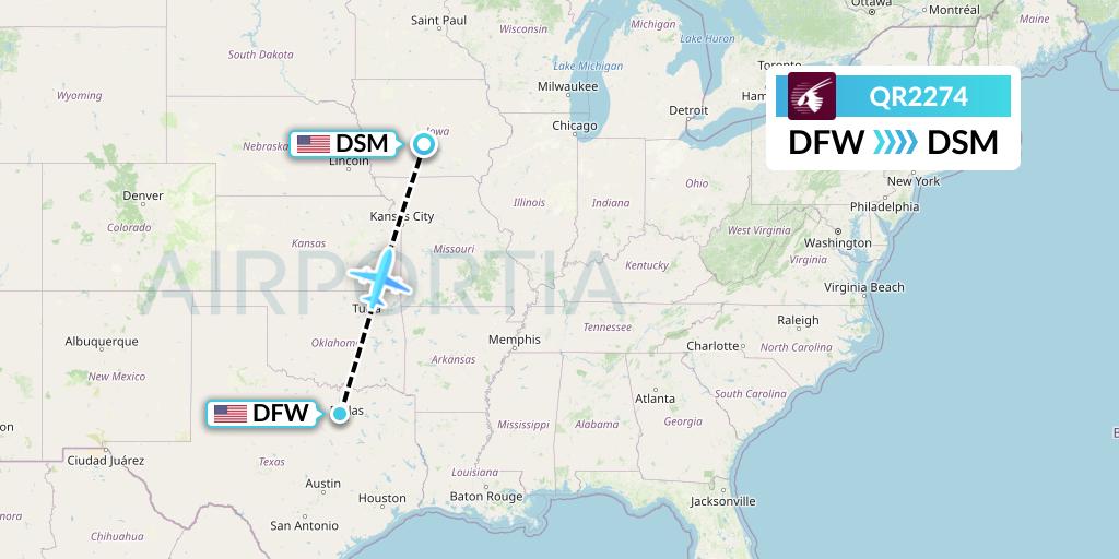 QR2274 Qatar Airways Flight Map: Dallas to Des Moines