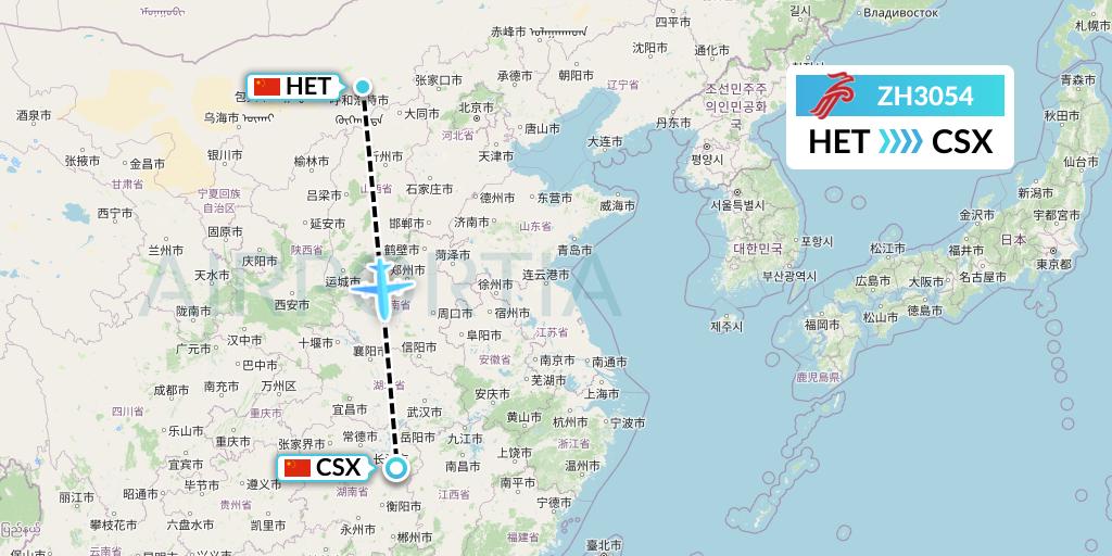 ZH3054 Shenzhen Airlines Flight Map: Hohhot to Changsha