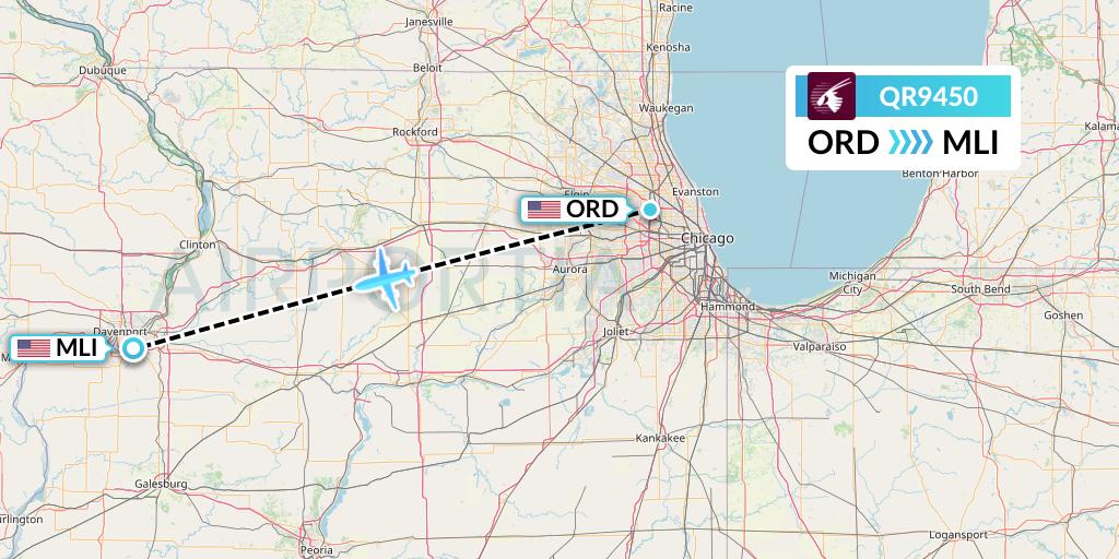 QR9450 Qatar Airways Flight Map: Chicago to Moline