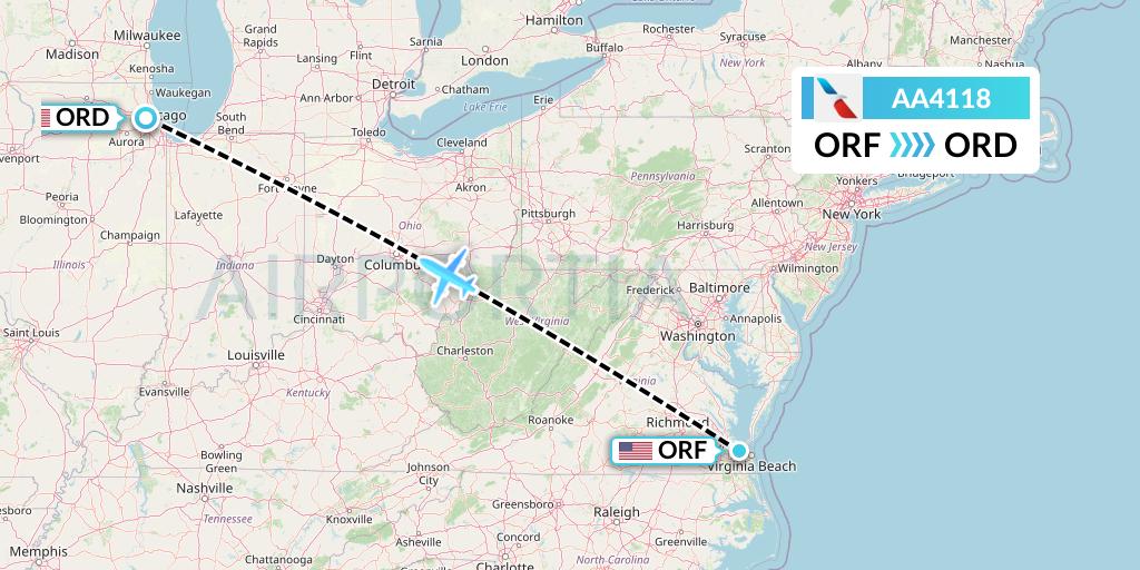 AA4118 American Airlines Flight Map: Norfolk to Chicago