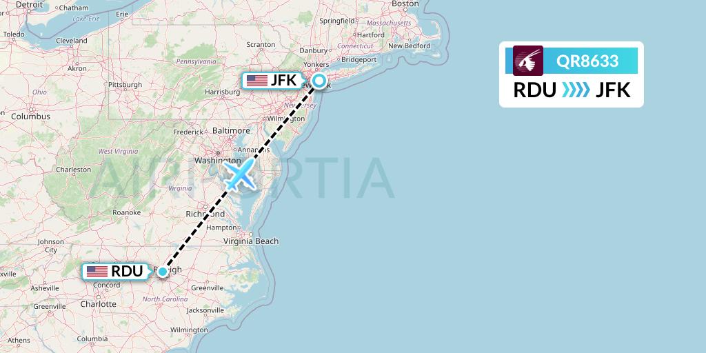 QR8633 Qatar Airways Flight Map: Raleigh-Durham to New York