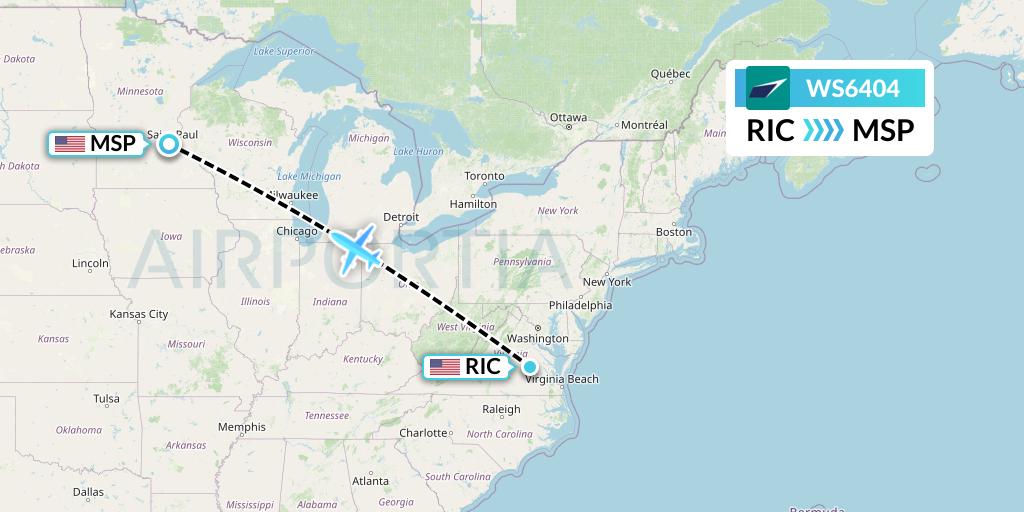 WS6404 WestJet Flight Map: Richmond to Minneapolis