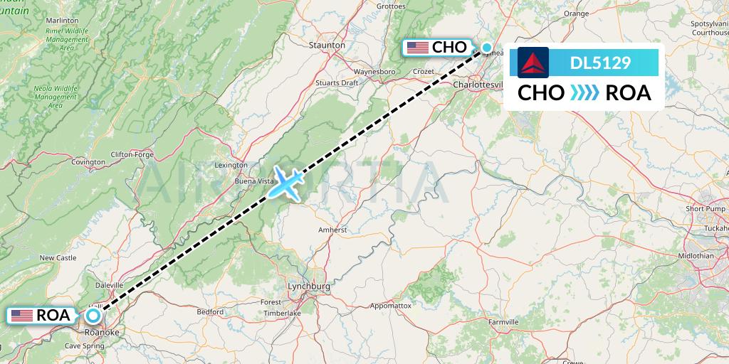 DL5129 Delta Air Lines Flight Map: Charlottesville to Roanoke