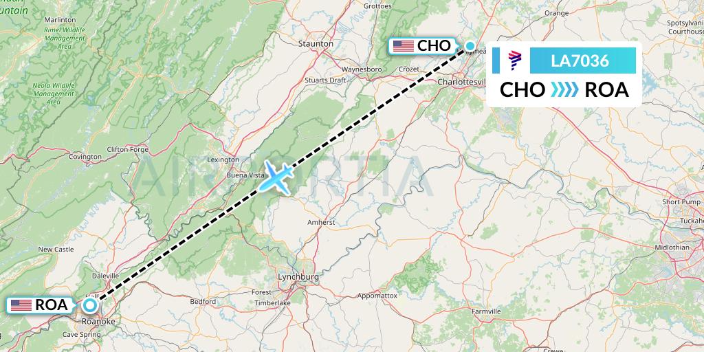 LA7036 LAN Airlines Flight Map: Charlottesville to Roanoke