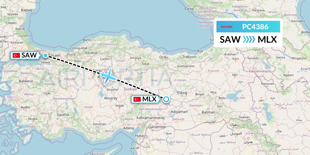 PC4386 Pegasus Airlines Flight Map: Istanbul to Malatya