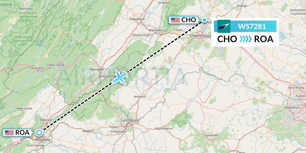 WS7281 WestJet Flight Map: Charlottesville to Roanoke