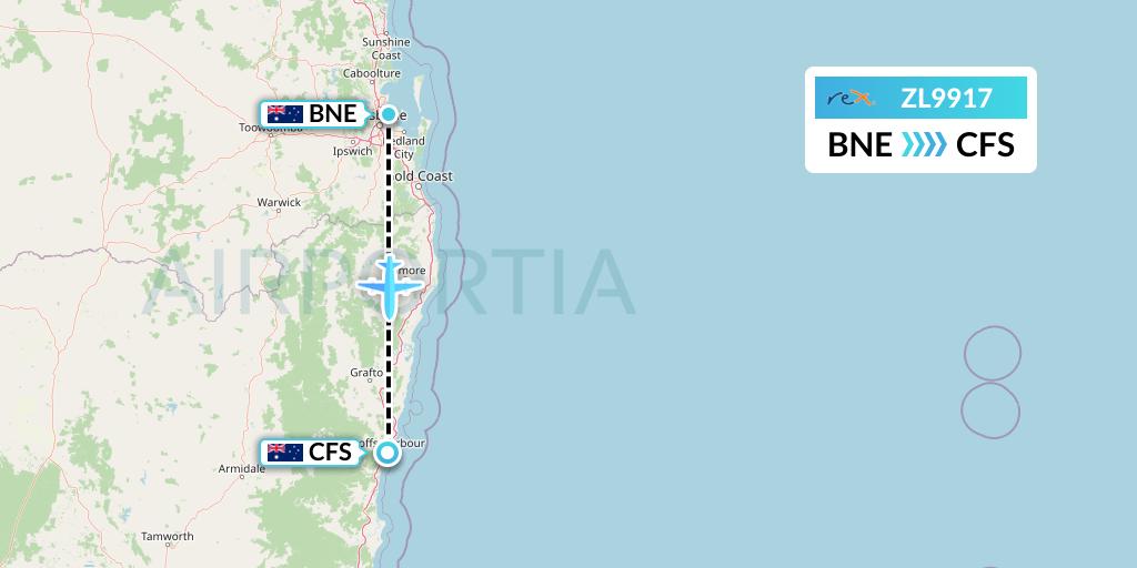 ZL9917 Regional Express Flight Map: Brisbane to Coffs Harbour