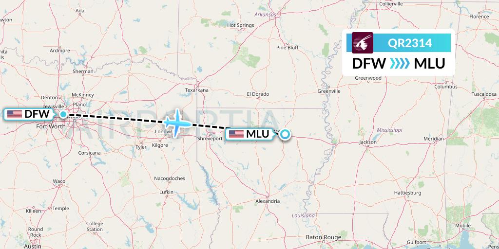 QR2314 Qatar Airways Flight Map: Dallas to Monroe