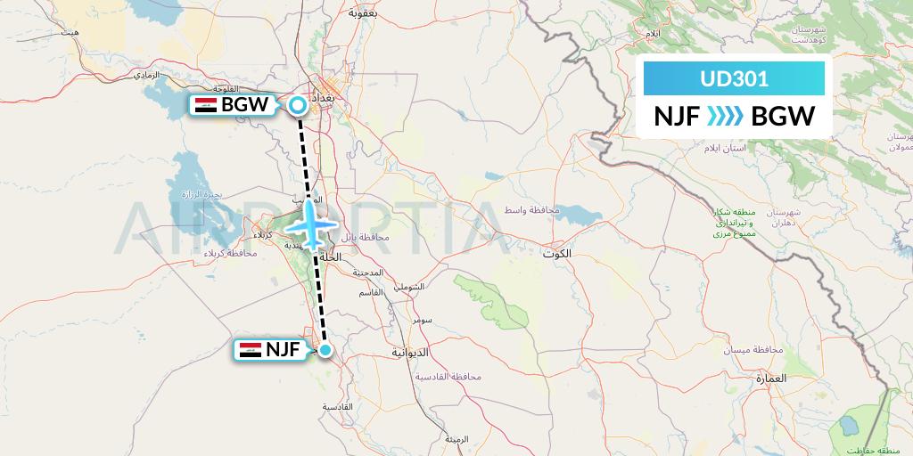 UD301 UR Airlines Flight Map: Najaf to Baghdad