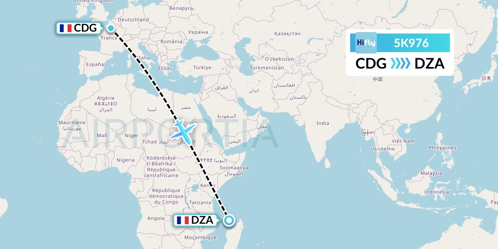 5K976 Hi Fly Flight Map: Paris to Dzaoudzi
