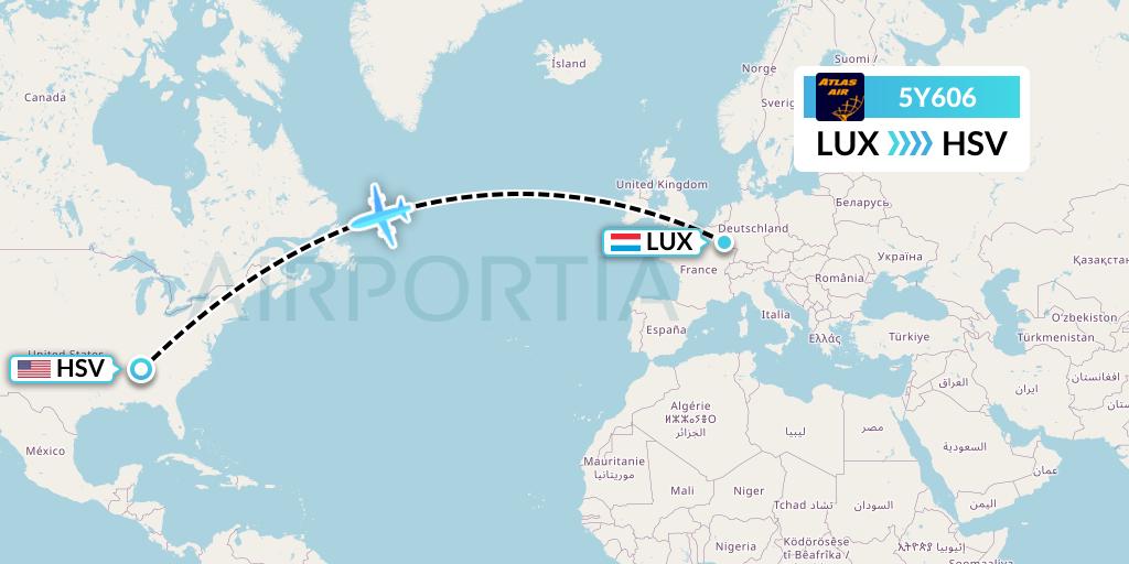 5Y606 Atlas Air Flight Map: Luxembourg to Huntsville
