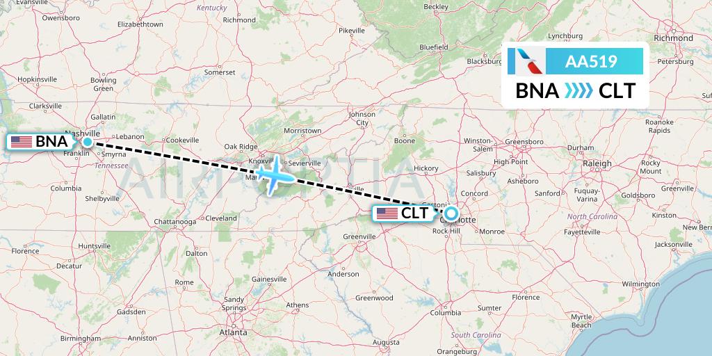 AA519 American Airlines Flight Map: Nashville to Charlotte