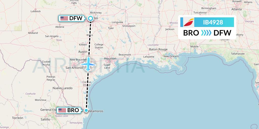 IB4928 Iberia Flight Map: Brownsville to Dallas