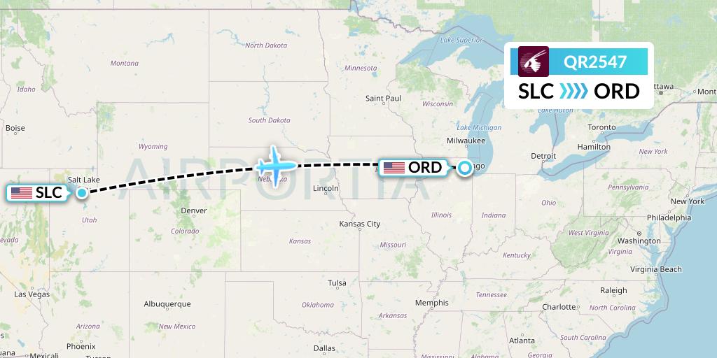 QR2547 Qatar Airways Flight Map: Salt Lake City to Chicago