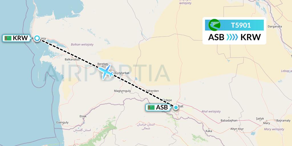T5901 Turkmenistan Airlines Flight Map: Ashgabat to Turkmenbashi