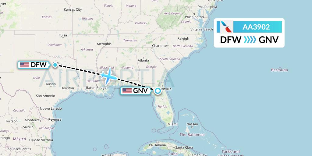 AA3902 American Airlines Flight Map: Dallas to Gainesville