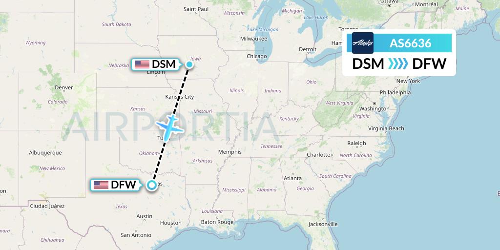 AS6636 Alaska Airlines Flight Map: Des Moines to Dallas