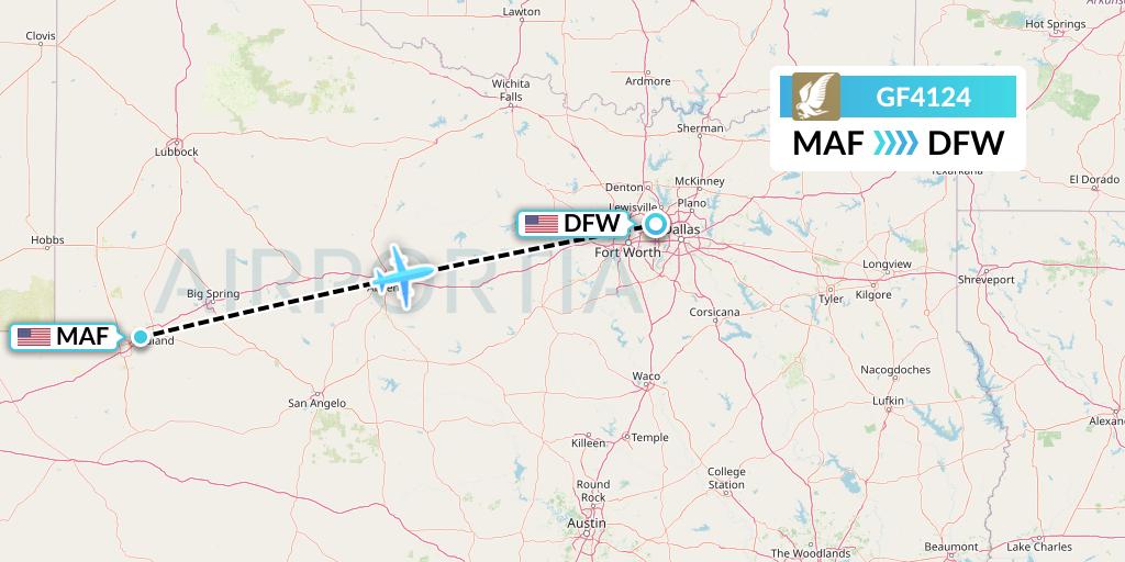 GF4124 Gulf Air Flight Map: Midland to Dallas