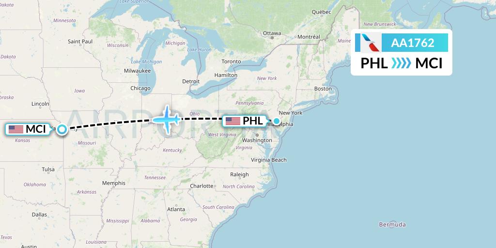 AA1762 American Airlines Flight Map: Philadelphia to Kansas City