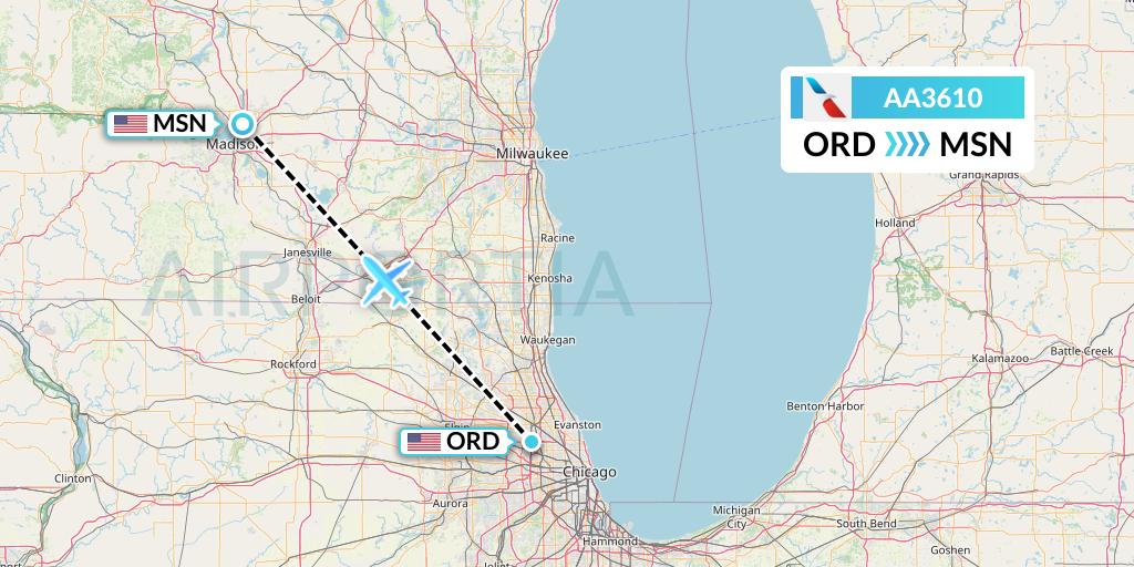 AA3610 American Airlines Flight Map: Chicago to Madison