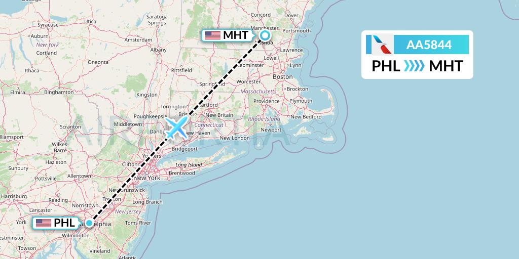 AA5844 American Airlines Flight Map: Philadelphia to Manchester