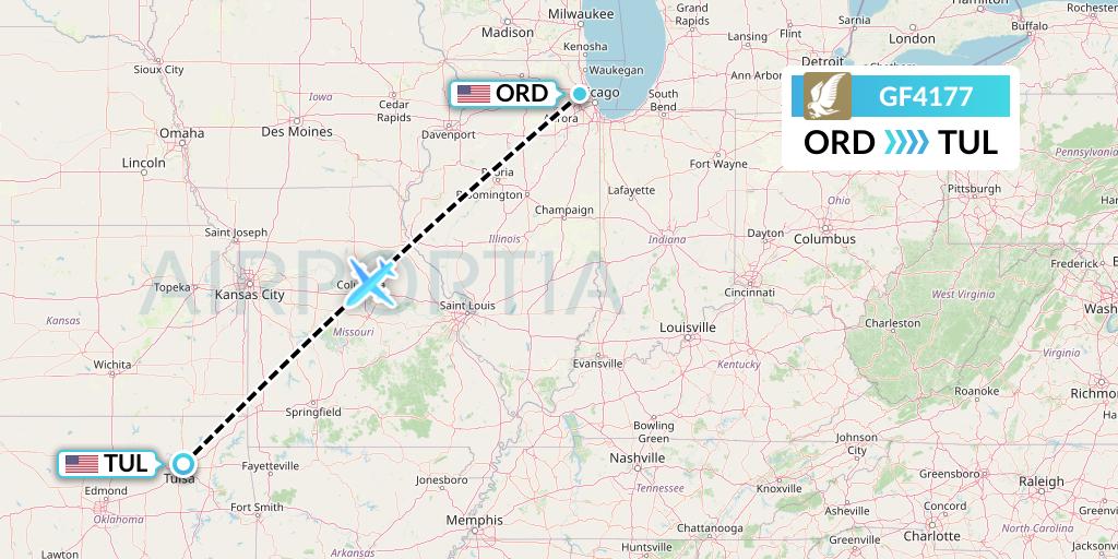 GF4177 Gulf Air Flight Map: Chicago to Tulsa