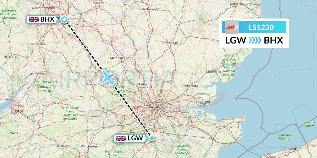 LS1230 Jet2 Flight Map: London to Birmingham