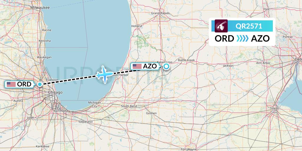 QR2571 Qatar Airways Flight Map: Chicago to Kalamazoo