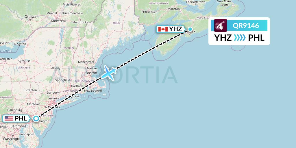 QR9146 Qatar Airways Flight Map: Halifax to Philadelphia