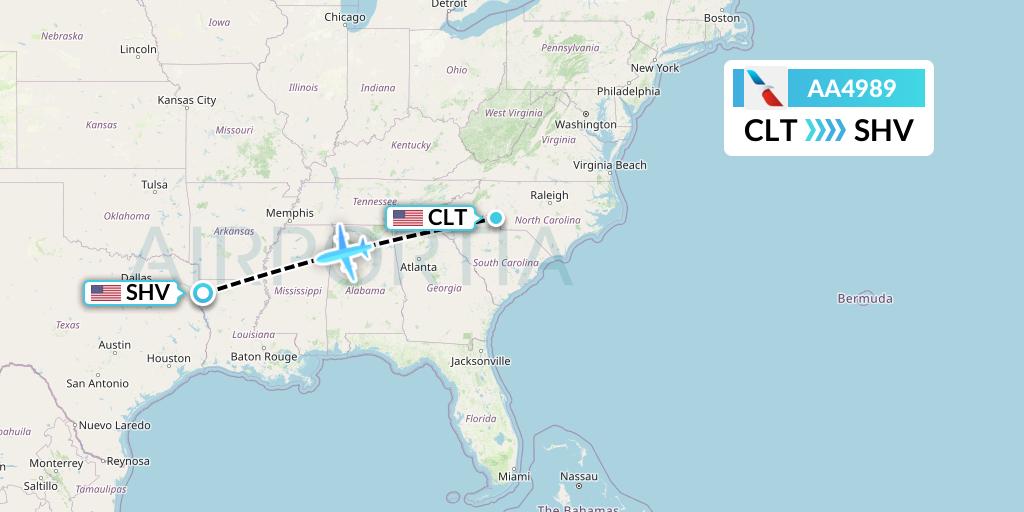 AA4989 American Airlines Flight Map: Charlotte to Shreveport
