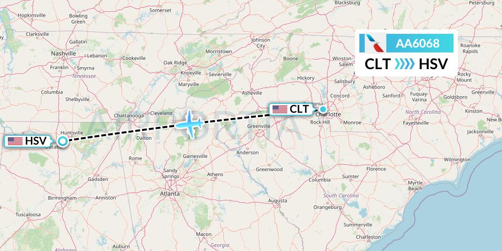 AA6068 American Airlines Flight Map: Charlotte to Huntsville