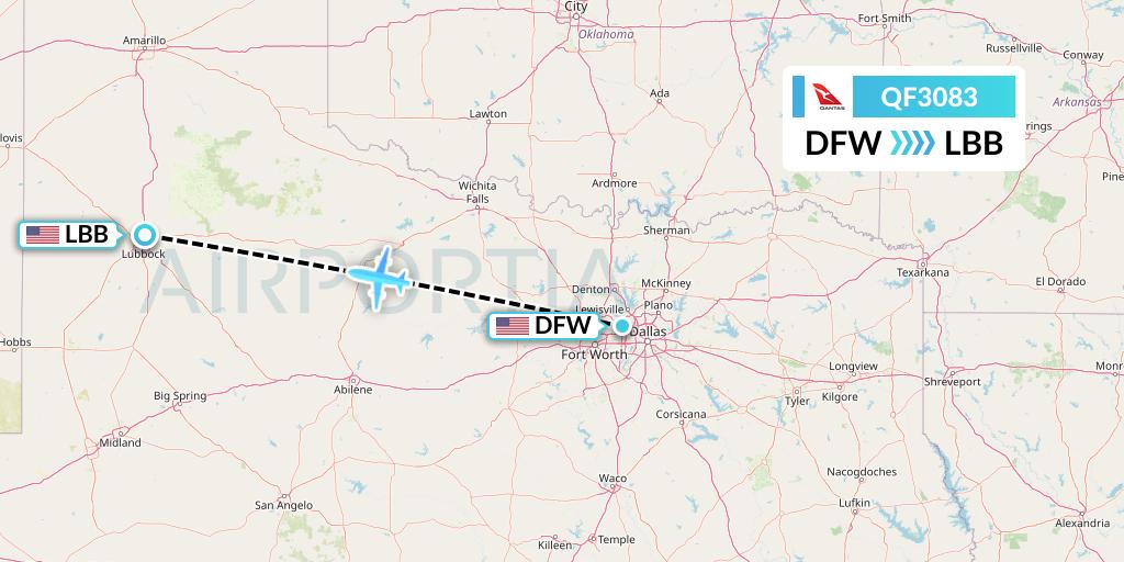 QF3083 Qantas Flight Map: Dallas to Lubbock