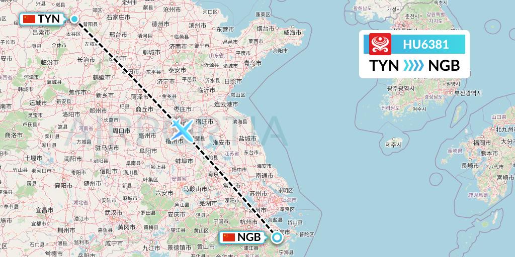 HU6381 Hainan Airlines Flight Map: Taiyuan to Ningbo