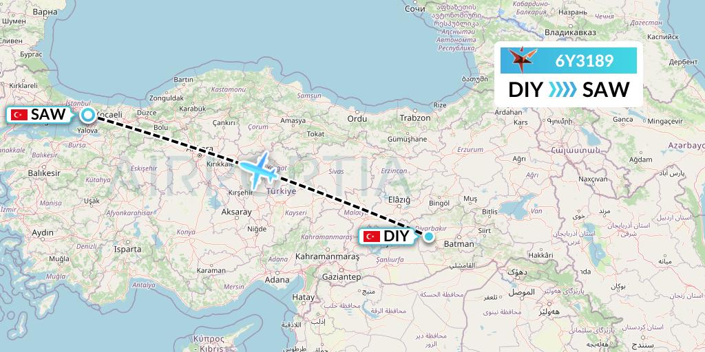 6Y3189 SmartLynx Flight Map: Diyarbakir to Istanbul