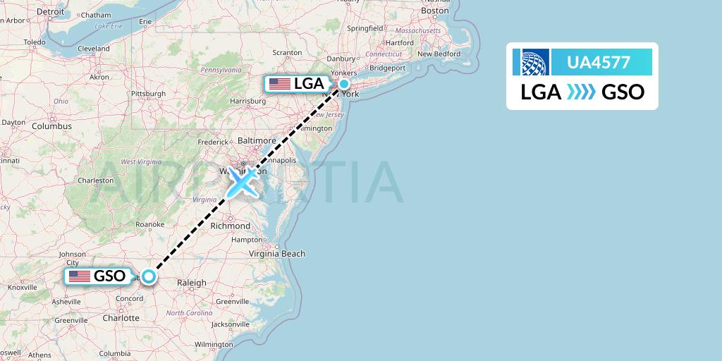 UA4577 United Airlines Flight Map: New York to Greensboro